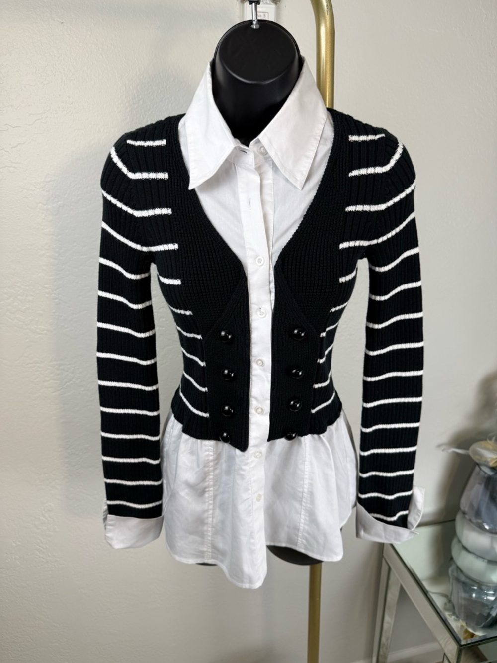 Vintage INC Black White Knit Striped Layered Mixed Media Top S Preppy Workwear